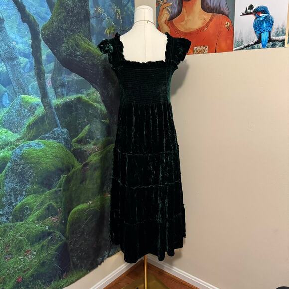 hill house home velvet nap dress green tiered smocked cottagecore midi - Picture 5 of 8
